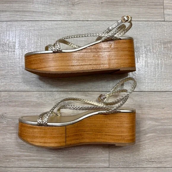 Stuart Weitzman Wovette Gold‎ Metallic Leather Woven Wedge Braided Sandal Heel 9
